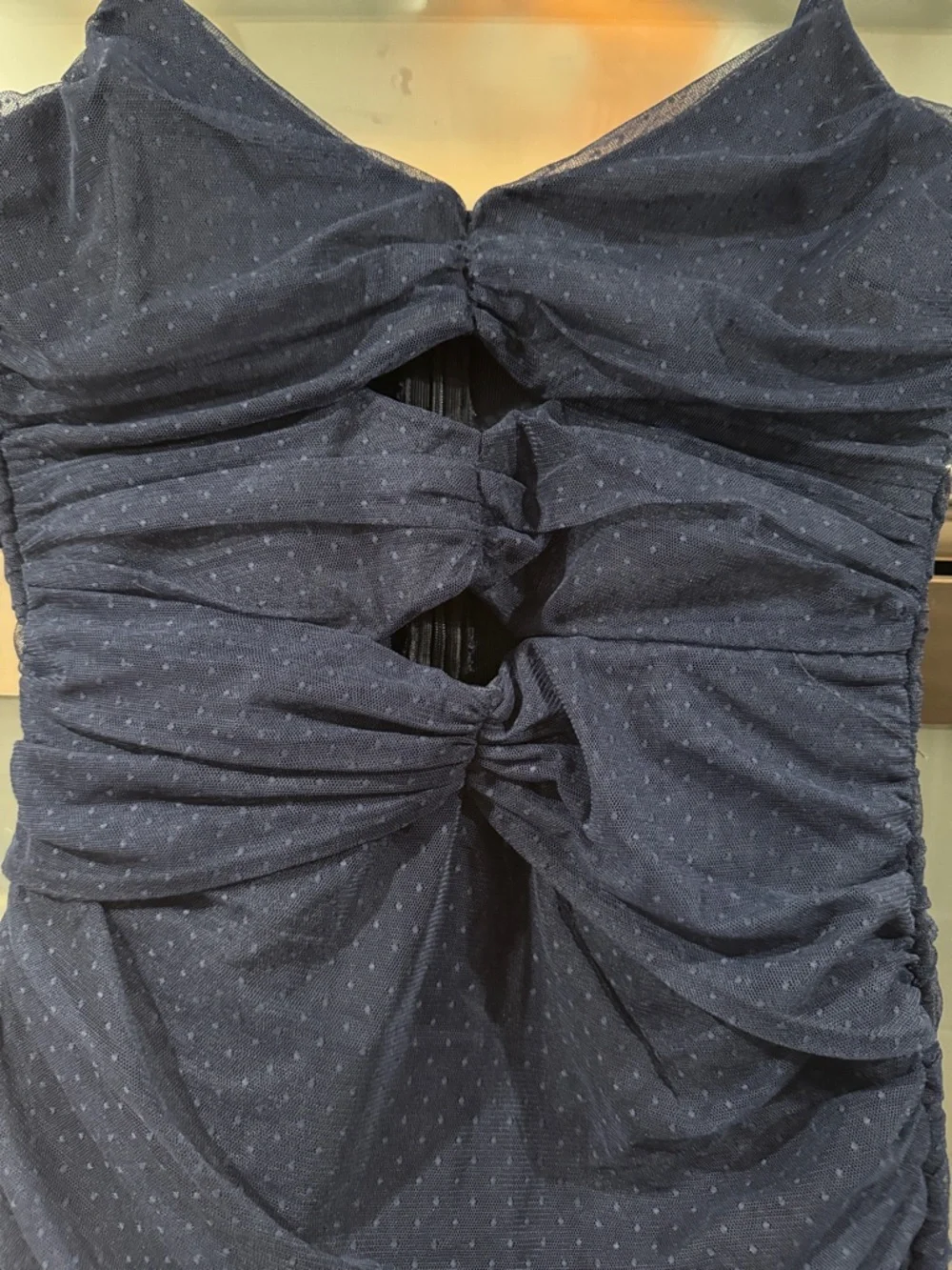 Navy Blue Ruched Mini Dress Mesh Polka Dot Cutout Bodycon size L - Picture 3 of 5